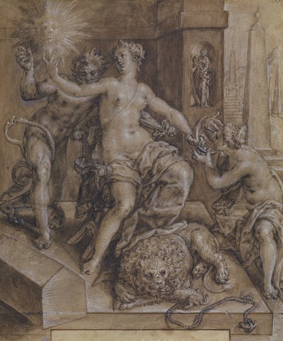 Entwurf für den zentralen Abschnitt des Spiegels der Tugend von Cornelis Ketel